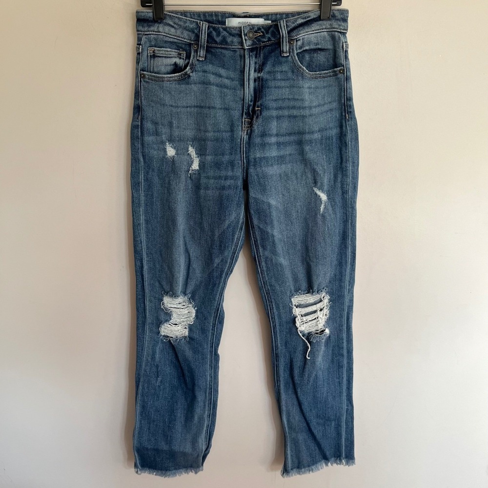 Hidden Jeans Distressed Straight Leg Raw Hem Denim Medium Blue Size 28